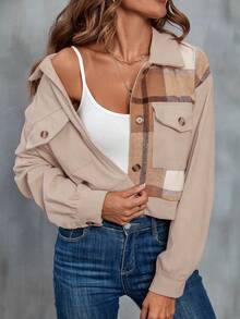 SHEIN LUNE Plaid Print Drop Shoulder Flap Pocket Jacket - Khaki - View 3