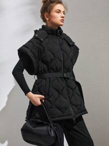 Anewsta 拉链系腰带背心棉服外套，女士深秋休闲系腰带、纽扣、口袋连帽超大黑色纯色女士棉服外套，冬季保暖/冬季时尚 - 黑色 - 查看 1