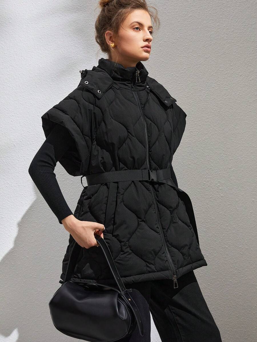 Anewsta 拉链系腰带背心棉服外套，女士深秋休闲系腰带、纽扣、口袋连帽超大黑色纯色女士棉服外套，冬季保暖/冬季时尚 - 黑色 - 查看 1