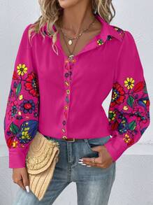 EMERY ROSE 花卉印花正面鈕扣襯衫 - 玫紅色 - 查看 3