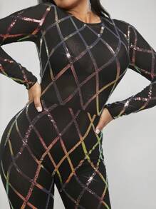 SHEIN SXY Sequin Detail Sheer Mesh Unitard Jumpsuit - Black - View 6