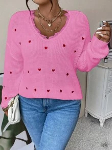 Calvaya 大碼愛心刺繡睫毛蕾絲邊落肩袖套頭毛衣 - 粉色 - 查看 1