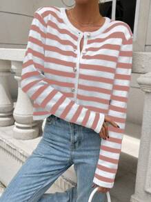 SHEIN Essnce Striped Pattern Button Front Cardigan - Pink - View 1
