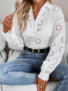 SHEIN Privé Camisa con bordado con ojal de hombros caídos - Blanco - Ver 6