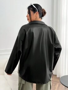 SHEIN EZwear Talla grande Abrigo con bolsillo con solapa de hombros caídos PU - Negro - Ver 2