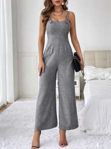 SHEIN Privé Solid Wide Leg Cami Jumpsuit - Grey - View 3
