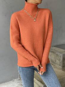 SHEIN Essnce High Neck Drop Shoulder Jumper - Orange - View 4