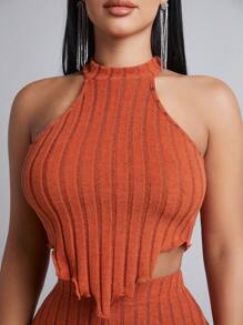 SHEIN PETITE 素色掛脖上衣&喇叭褲 - 橘色 - 查看 5