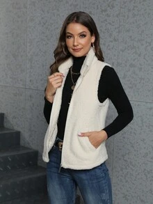 Women's Casual Basic Teddy Fur Sleeveless Jacket Vest, Autumn/Winter - Beige - View 6