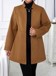 Calvaya 大碼素色開門襟花呢外套 - 棕色 - 查看 1