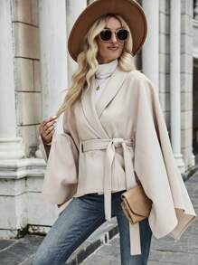 Chiquease 斗篷袖腰帶花呢外套 - 杏色 - 查看 6