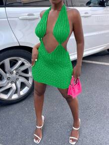 SHEIN Slayr Tie Backless Halter Bodycon Dress - Dark Green - View 4