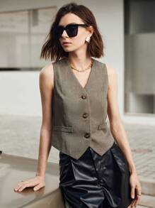 BizChic Blazer chaleco con botón delantero - Marrón - Ver 4