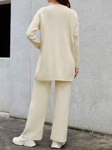 EURMUSE Button Detail Raglan Sleeve Sweater & Knit Pants - Beige - View 2