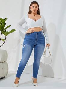 SHEIN Privé Hơn Cao eo Quần jean rách - Rửa trung bình - Xem 6