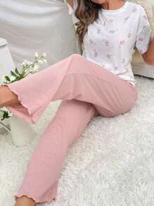 Floral Print White Tee & Pants PJ Set / Pajama Set - White - View 4