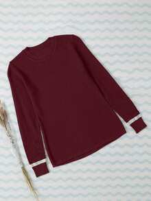 CILKOO 拼接邊圓領套頭毛衣 - 酒紅色 - 查看 5