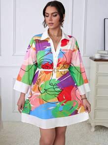 Calvaya 大碼圖圖形正面鈕扣襯衫洋裝 - 杏色 - 查看 3