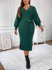 SHEIN Clasi Plus Surplice Neck Split Hem Belted Sweater Dress - Dark Green - View 1