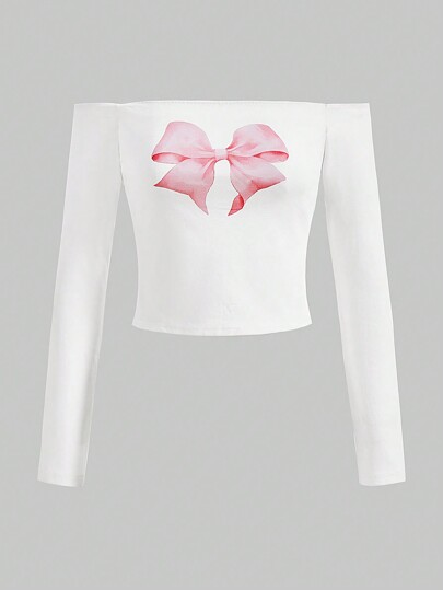 Kawaii Camiseta con estampado de lazo de hombros descubiertos