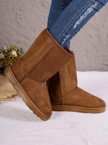 女士纯色羊毛中筒保暖雪地靴，时尚软底保暖内衬雪地靴，防滑舒适冬靴 - 棕色 - 查看 2