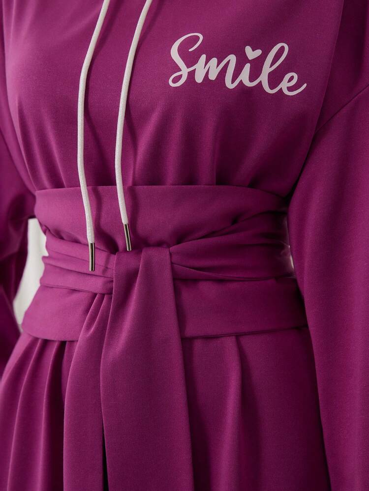 Letter Heart Graphic Drop Shoulder Belted Hooded Arabian Dress