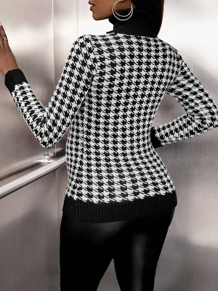 Maternity Houndstooth Pattern Turtleneck Sweater, For Winter