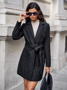 RueChic Lapel Neck Belted Overcoat - Black - View 1