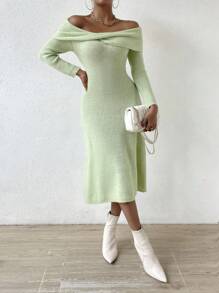 Chiquease Off Shoulder Twist Front Sweater Dress - Green - View 3