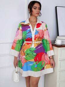 Calvaya 大碼圖圖形正面鈕扣襯衫洋裝 - 杏色 - 查看 5