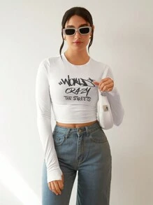 SHEIN Essnce Slogan Graphic Crop Tee WORLD'S CRAZY THE STREETS - White - View 5