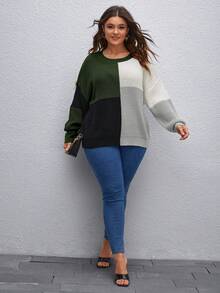 SHEIN LUNE 大碼撞色落肩袖套頭毛衣 - 彩色 - 查看 3