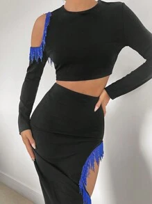 SHEIN Privé 流蘇短款 T 恤和鉛筆裙 - 黑色 - 查看 4