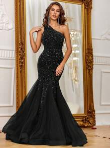 Elegant One Shoulder Sparkly Sequin Connect Mesh Maxi Mermaid Hem Formal Dress For Women - Black - View 1