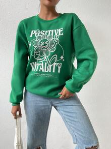 Chiquease Đồ họa hoạt hình và khẩu hiệu Thả vai Áo nỉ - màu xanh lá - Xem 6