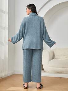 Mulvari Plus Turtleneck Drop Shoulder Split Hem Tee & Pants - Blue - View 2