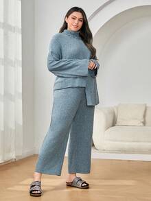 Mulvari Plus Turtleneck Drop Shoulder Split Hem Tee & Pants - Blue - View 4
