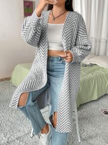 Flirla Plus Chevron Pattern Drop Shoulder Belted Cardigan - Grey - View 1