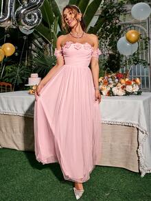 Simplee 一字肩貼花網紗正式洋裝 - 粉色 - 查看 6