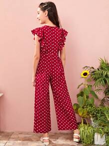 SHEIN Tween Girl Ruffle Armhole Wide Leg Polka Dot Jumpsuit