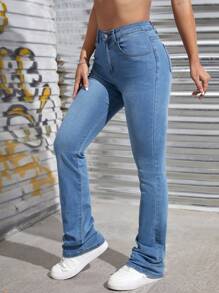 SHEIN ICON Butterfly Print Flare Leg Jeans - Medium Wash - View 4