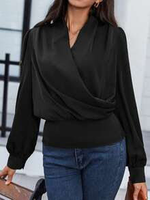 SHEIN Clasi Solid Surplice Front Bishop Sleeve Blouse - Black - View 3