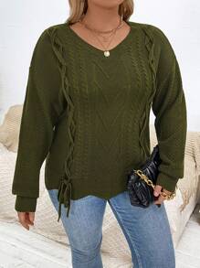 Calvaya Plus Áo len trễ vai có dây buộc phía trước - màu xanh lá - Xem 3