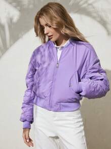 Anewsta Áo khoác đệm tay nhún có khóa kéo - Màu tím - Xem 6