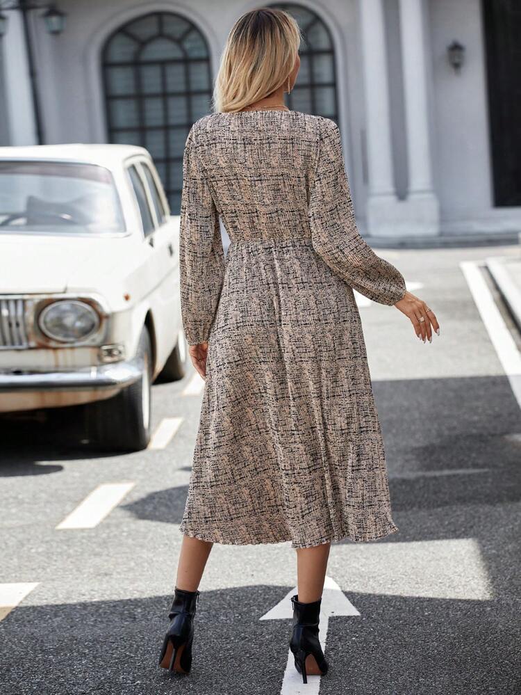 Allover Print V Neck A-line Dress
