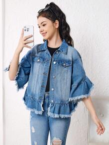 Teen Girl Flounce Sleeve Raw Cut Denim Jacket - Medium Wash - View 1