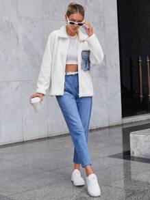 EURMUSE Flap Pocket Drop Shoulder Teddy Coat - White - View 4