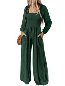 Acelitt Women's Solid Color Cable Knit Casual Loose Wide Neck Long Sleeve Jumpsuit, Spring/Autumn - Green - View 3
