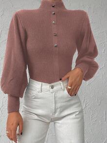 EURMUSE 小高領燈籠袖紐扣細節套頭毛衣 - 卡其色 - 查看 3