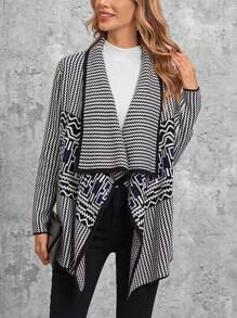 EMERY ROSE Striped & Geo Pattern Waterfall Collar Cardigan - Multicolor - View 3